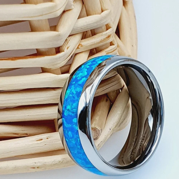 " Silver Tungsten Wedding Ring With Blue Opal Inlay, GALTUN598 - Picture 4 of 6